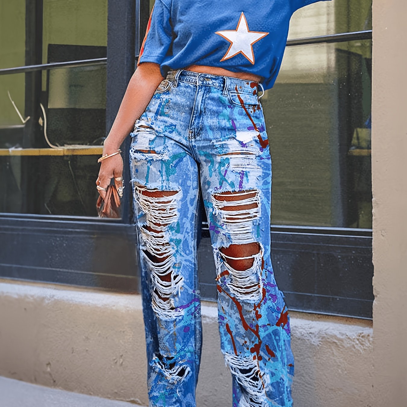 Image of Summer New Women Graffiti Ripped Straight Leg Jeans, Soft Wrinkle Resistant Elegant Urban Streetwear Trousers