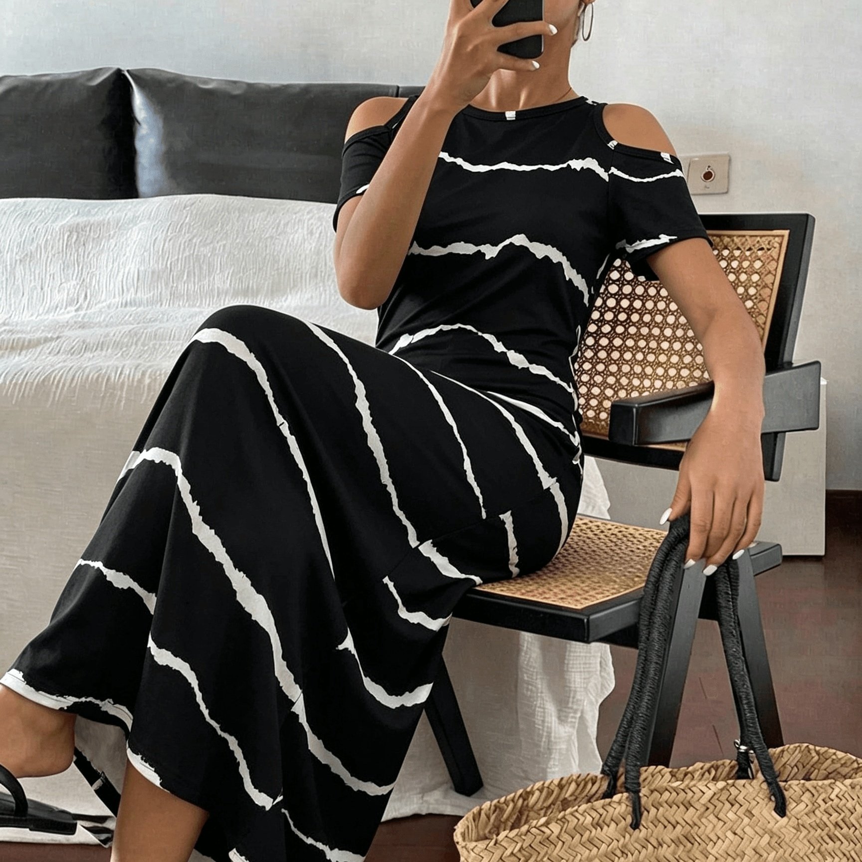 TEMU Women's Camisole Off-shoulder Long Dress, Striped Printed Round Neck Style For Spring And Summer, Casual Dress