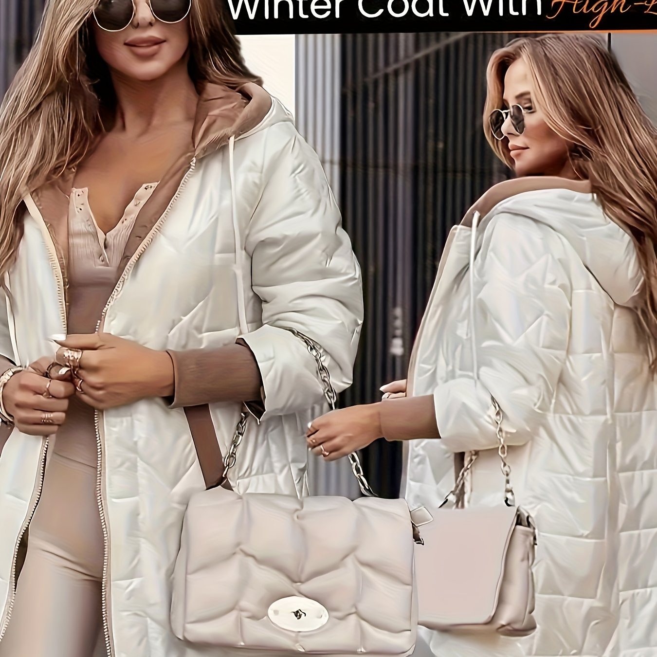 E-shop Damen Warme Winterjacke, Kapuzenjacke, Mittellang mit asymmetrischem Saum, gefütterte Jacke