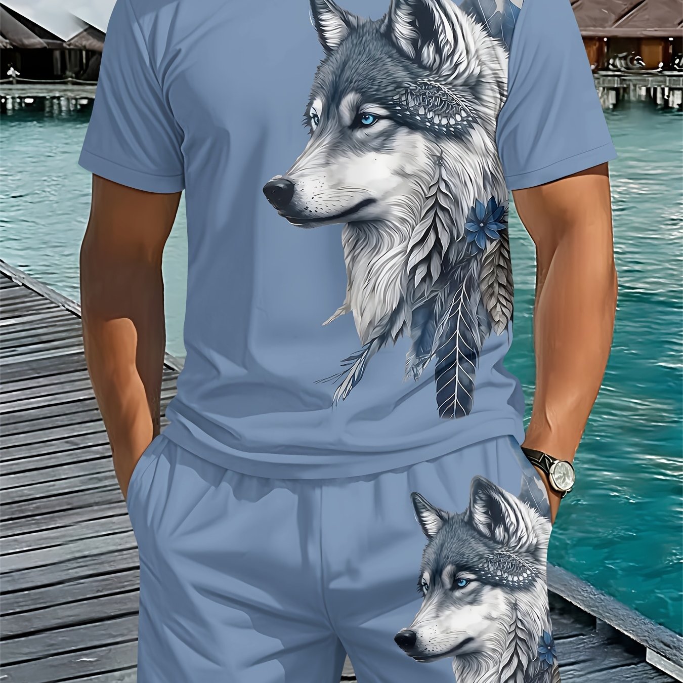 TEMU Men's Round Neck Short Sleeve 2pcs Set With Feather Wolf Head Print, Perfect For And Minimalist Style Enthusiasts, A Summer Essential For Trendy