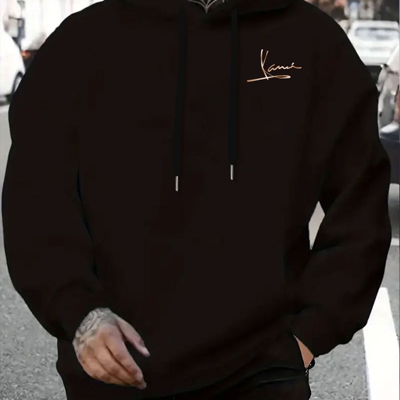 Image of Men's Casual Hooded Sweatshirt, "" In Gilded : A Signature Of Light Luxury - Elastic Fabric, Kangaroo Pockets, Regular Fit Long Sleeve Pullover For Fall/winter, Machine Washable, Seasonal Attire