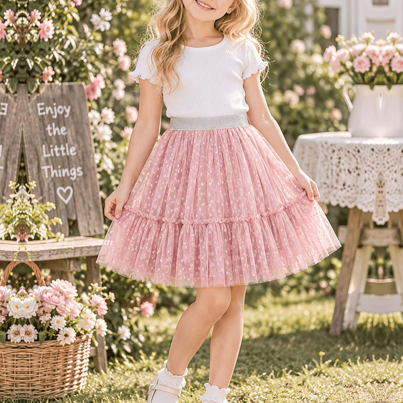 Image of Cute Pink Heart Mesh Skirt Skirt Wearable Skirt