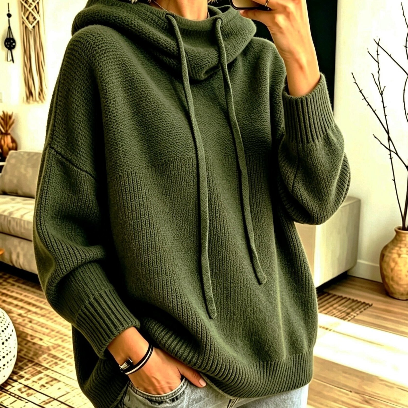 TEMU Women's Elegant Slouchy Collar Drawstring Pullover Long-sleeve Sweater Top, Lazy Style, Gentle And Effortless, Soft, Plush, And Thick, Suitable