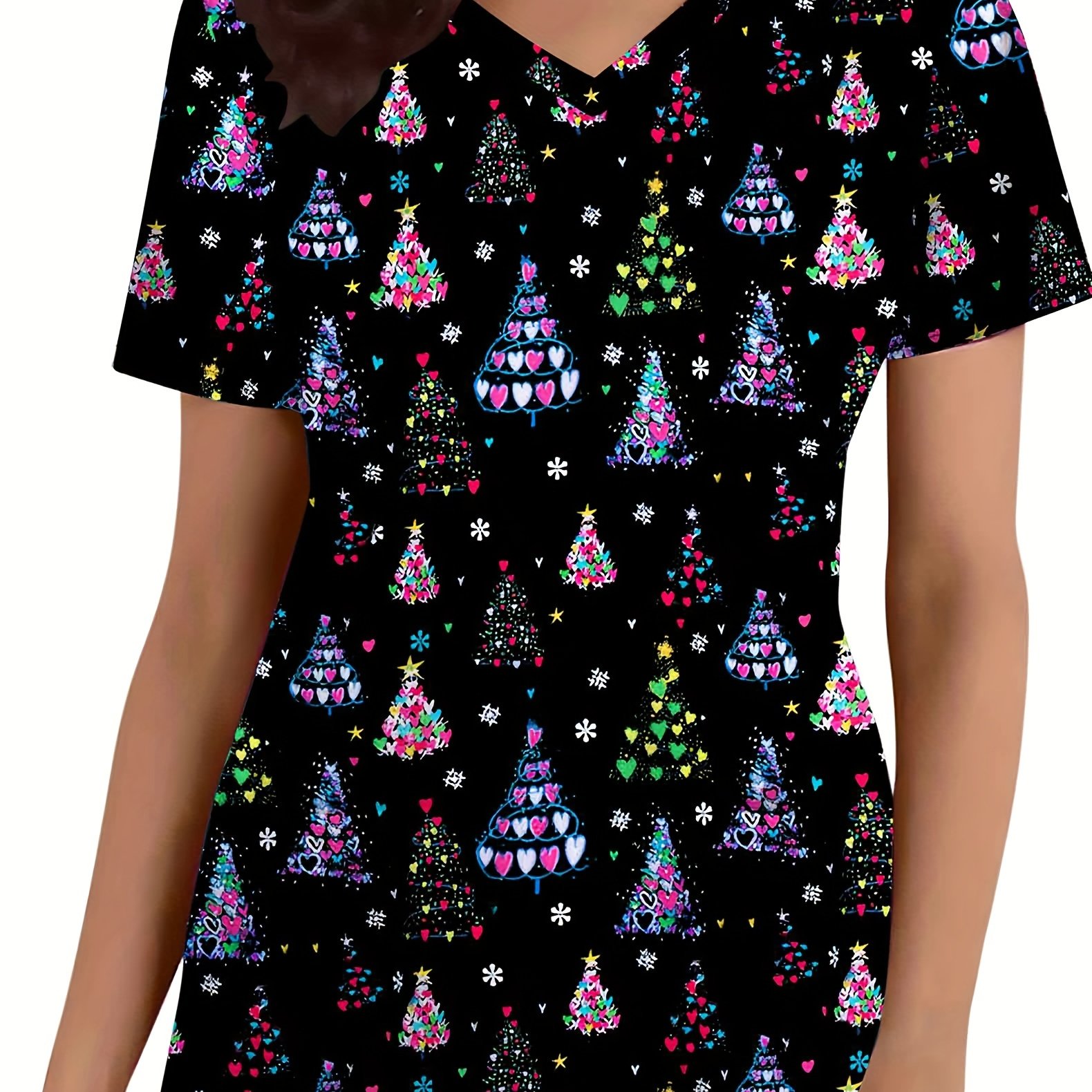 TEMU Plus Size, Women's Christmas Nurse Uniform - Festive Christmas Tree Print V-neck Short Sleeve Top With Pocket, Soft Machine Washable Holiday