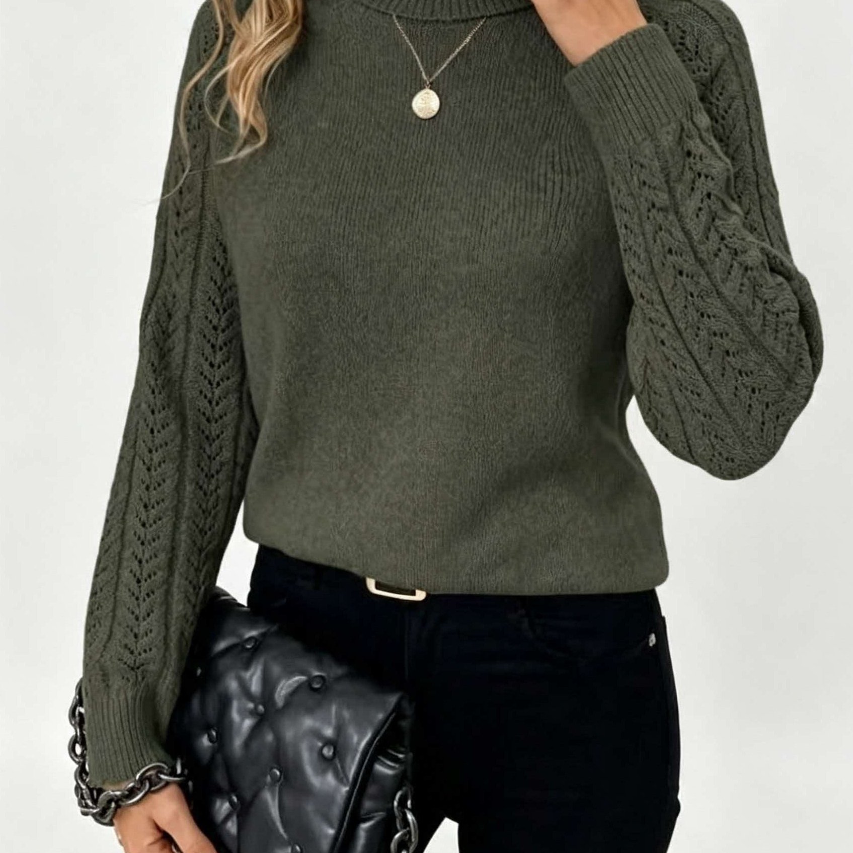 TEMU Women's High-neck Lightweight Warm Pullover Sweater, Hollow-out Long Sleeve Base Layer, Hand Wash Or , Autumn Winter Slim -shoulder Solid Color