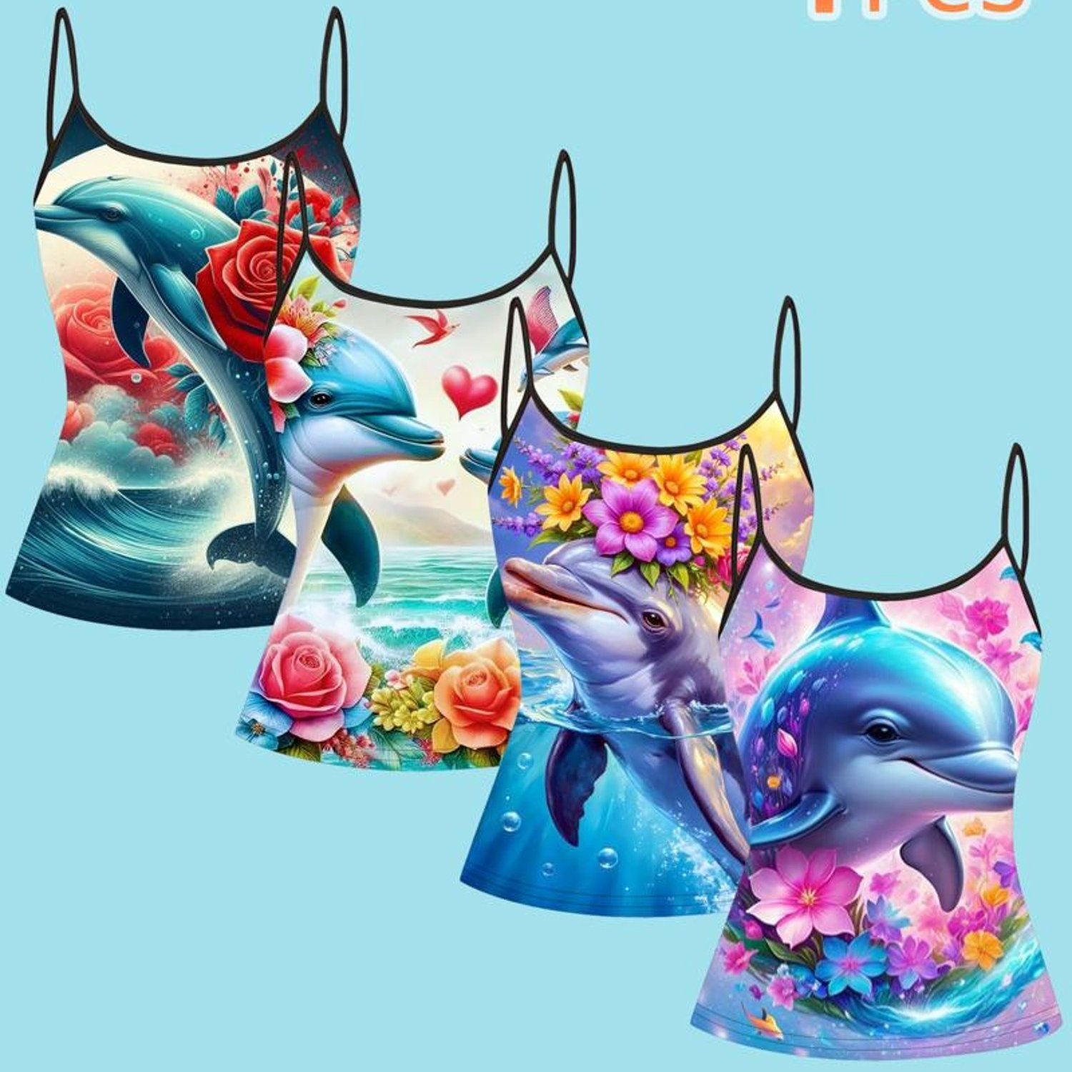 TEMU 4pcs Women's Dolphin Floral Camisoles, Mixed Colors, Multiple Sizes, Fabric, Fashionable Sleeveless Tank Tops For Daily Wear, Stylish And