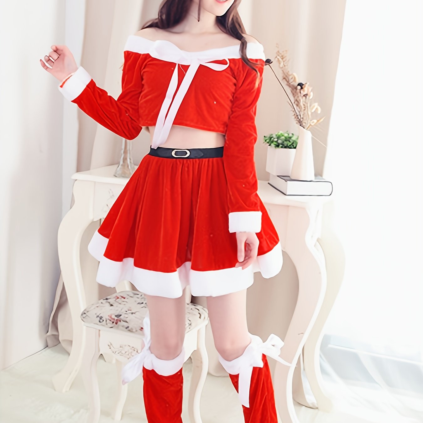 TEMU Women's Set Christmas Hat, Off-shoulder Top & Skirt - Long , Stretchy Polyester For Parties