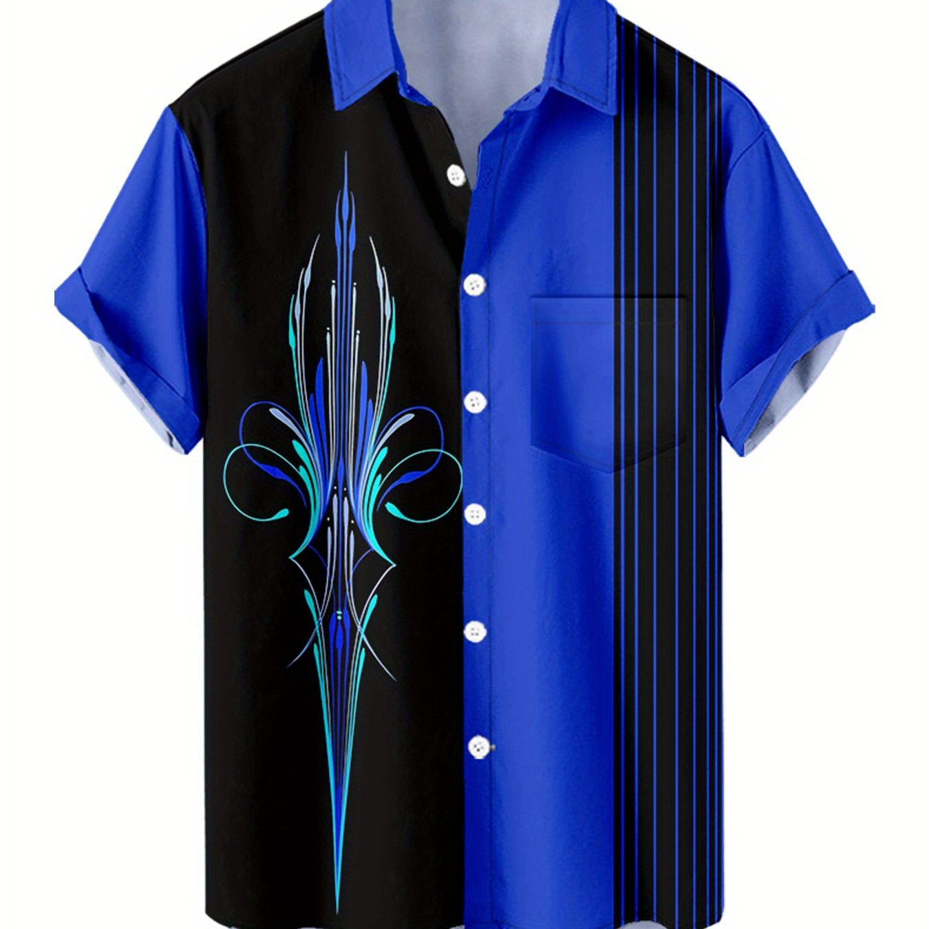 TEMU Print Short-sleeve Shirt For Men | Casual , Mature And Elegant Gentleman Style, Summer Wear, Geometric Patterns, Lapel Collar, Regular Fit, Plus