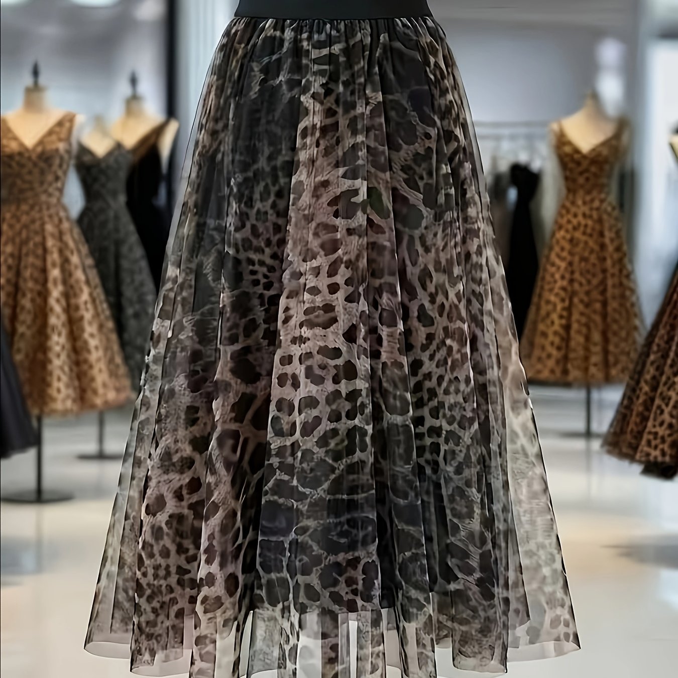 Image of Women's Elegant Leopard Print Tulle Skirt - A-line, Stretchy, Breathable, Mid-length, Casual & Formal Wear, Spring/summer/fall, Casual Attire|elegant A-line Skirt|stretchy Fabric