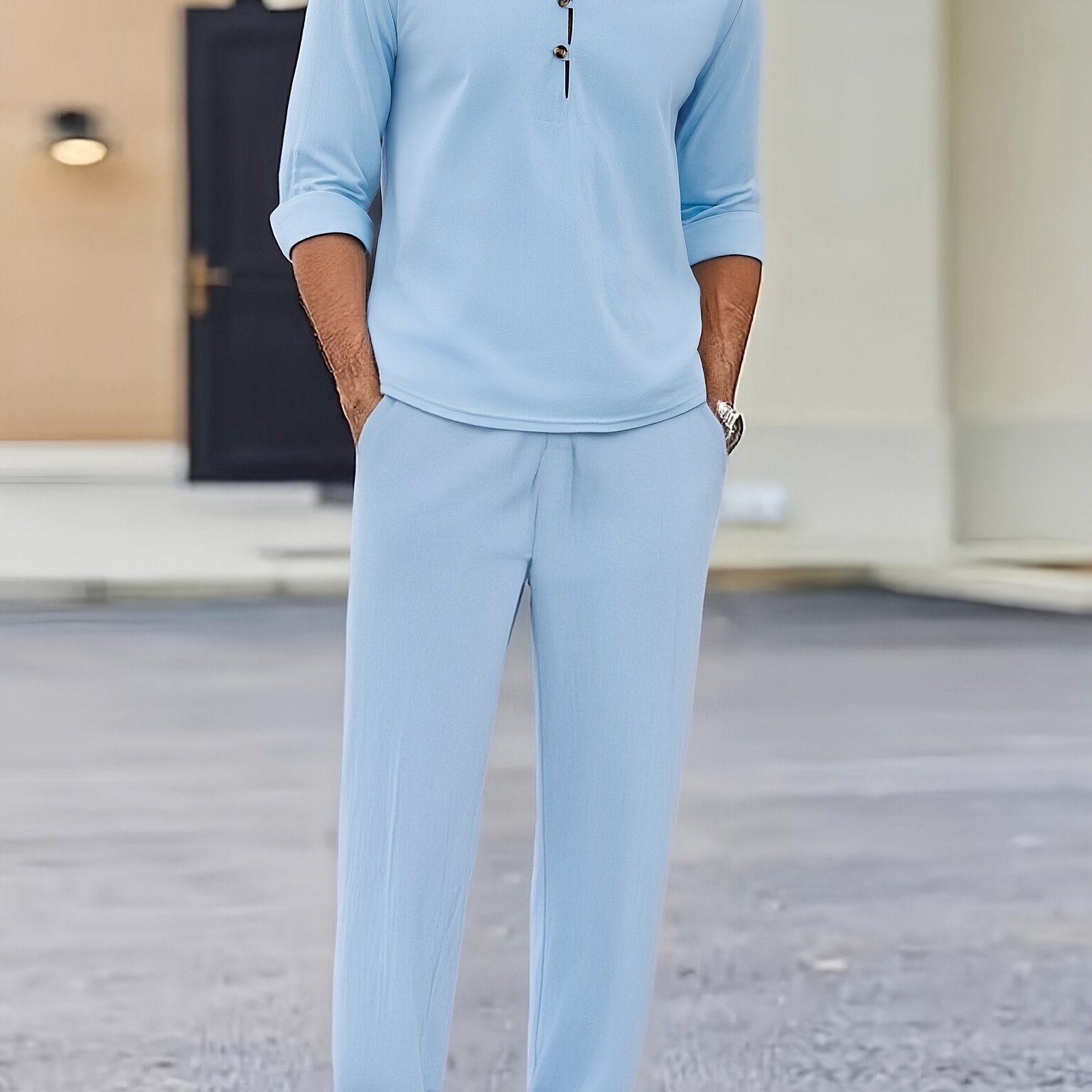 TEMU Men's Fashion Casual Linen Long Sleeve Shirt And Linen Long Pants 2pcs Set, Loose Fit, Comfortable And Cool, Everyday Versatile, Beach Vacation
