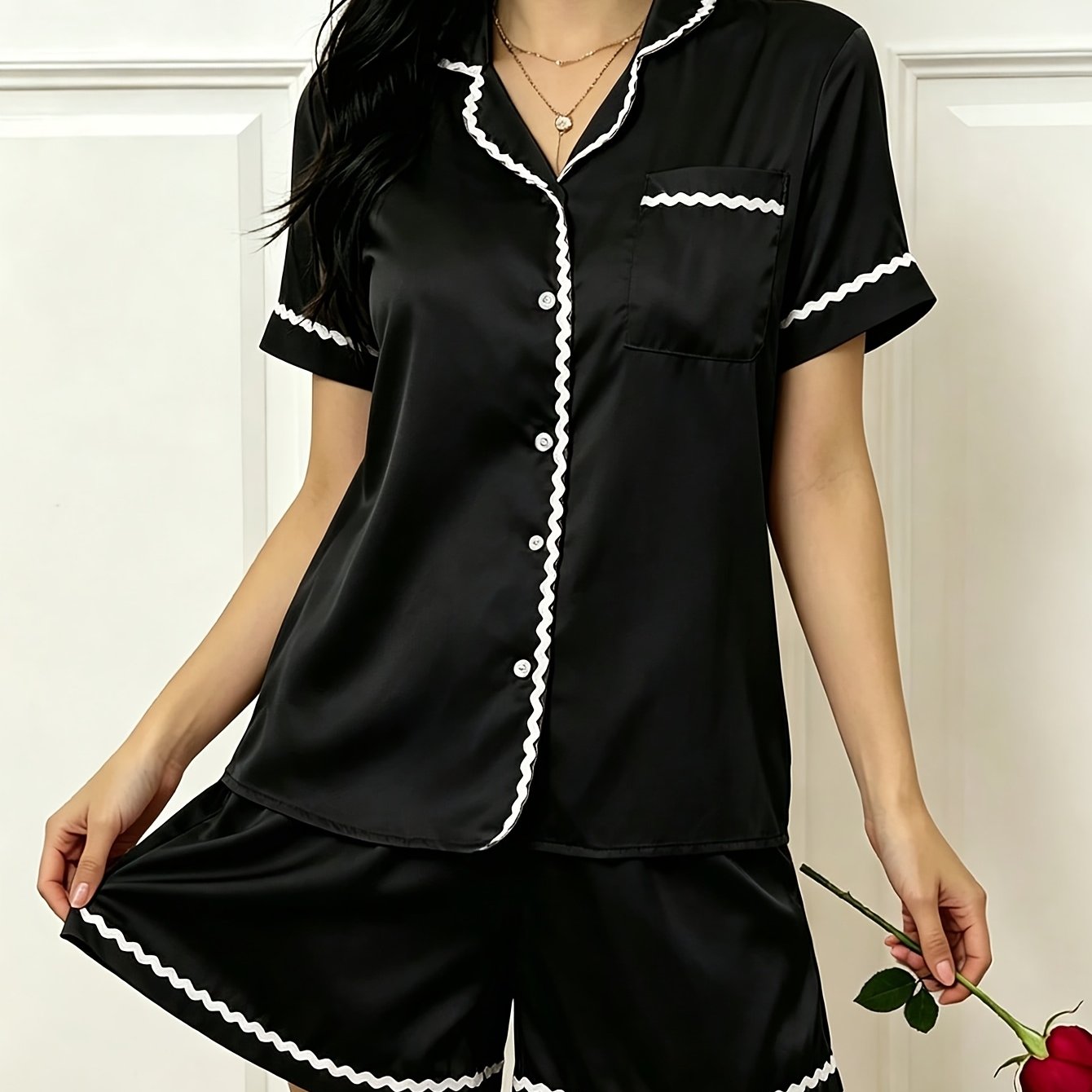 Image of Women's Autumn Winter Satin Pajama Set, Lapel Open Front Short Sleeve & Shorts 2pcs Set, Sexy Ladies Apparel, Black Wavy Lace Trim, Icy Elegant Sexy Loungewear