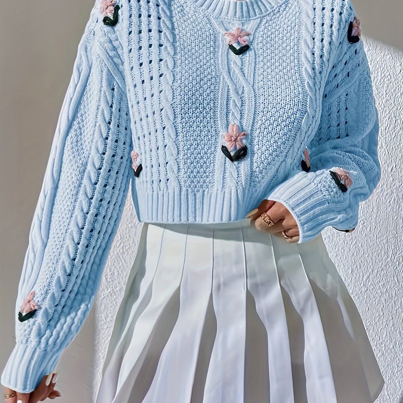 Vintage Elegant Pullover Sweater With Intricate Hand-stitched Floral Designs