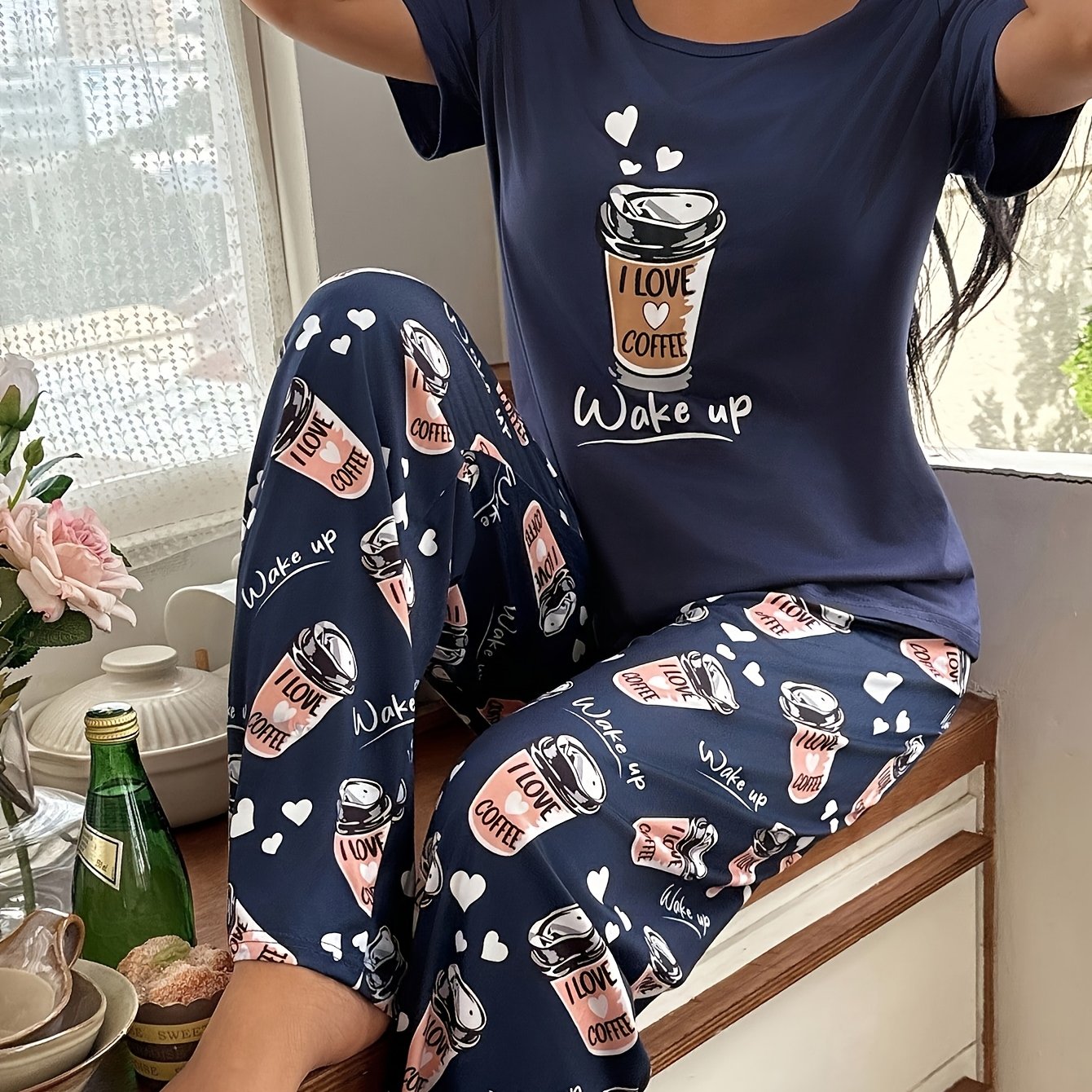 TEMU This Short-sleeved Pajama Set Features A Round Neck And Includes Long Pants, Perfect For Autumn And Winter. It Showcases Cute Printed Elements,