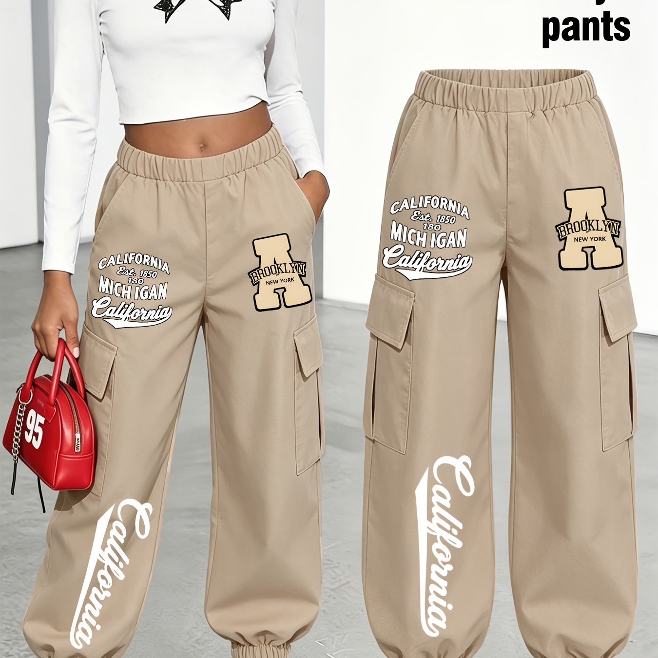 TEMU Joggers Cargo Femme Taille Élastique, Pantalon Décontracté Imprimé Rétro Lettres Multi-Poches, Bas Mode Street Style. Ceinture Élastique, Coupe