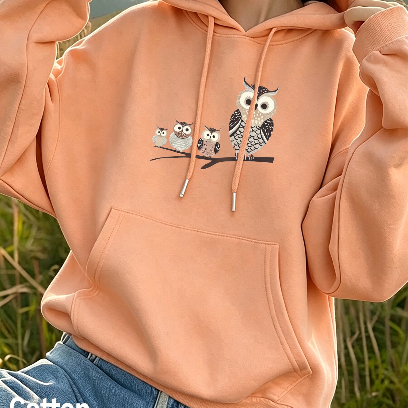 Image of Autumn Women's Fashionable Loose Drop-shoulder Hoodie With Owl Print, Casual Pocket Drawstring Pullover Jacket For Fall Winter
