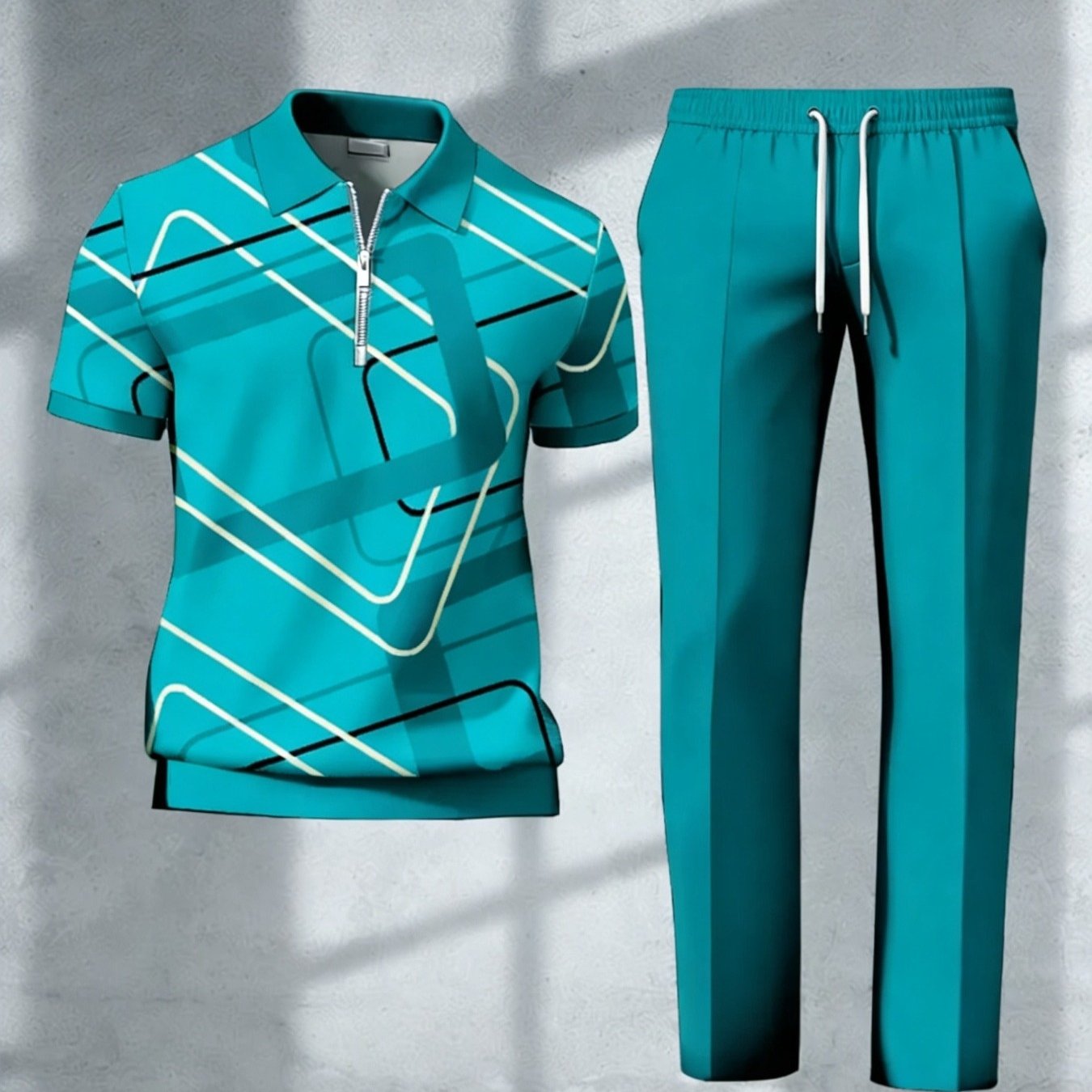 Image of 2pcs Casual Suit For Teenager, Featuring A Color-block Printed Collar Short-sleeve Top And Sports Long Pants, In Multiple Colors And Sizes. For Any Occasion, For Outdoor, For Teenager