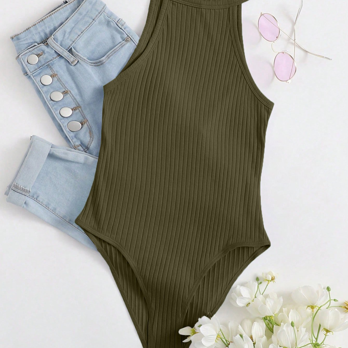 TEMU Hot-selling Solid Color Casual Button-up Bodysuit For Spring, Summer, And Autumn