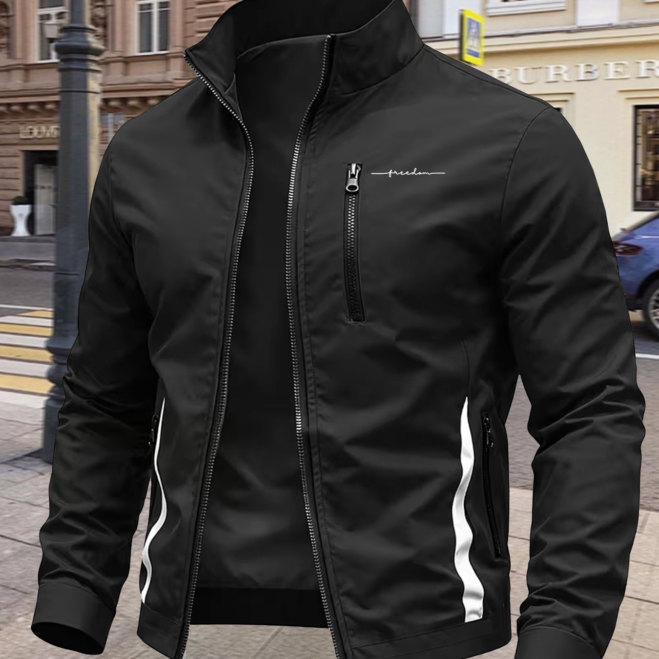 TEMU Men's Outdoor Stand-collar Jacket, Machine-washable Polyester Material, Print Commuter Workwear Coat