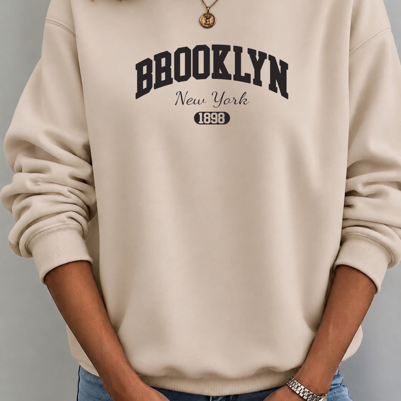 Autumn/winter New Pullover Women's Style Loose Fit Crewneck Sweatshirt With Brooklyn 1898 Letter Print, Breathable & Comfortable For Daily Wear, Round Neck Sweatshirt