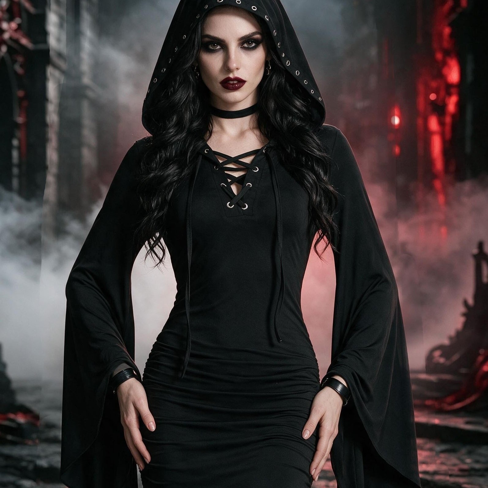 TEMU Robe Mini Gothique à Capuche et Lacets, Robe de Soirée à Manches Cloche pour Noël & Soirée