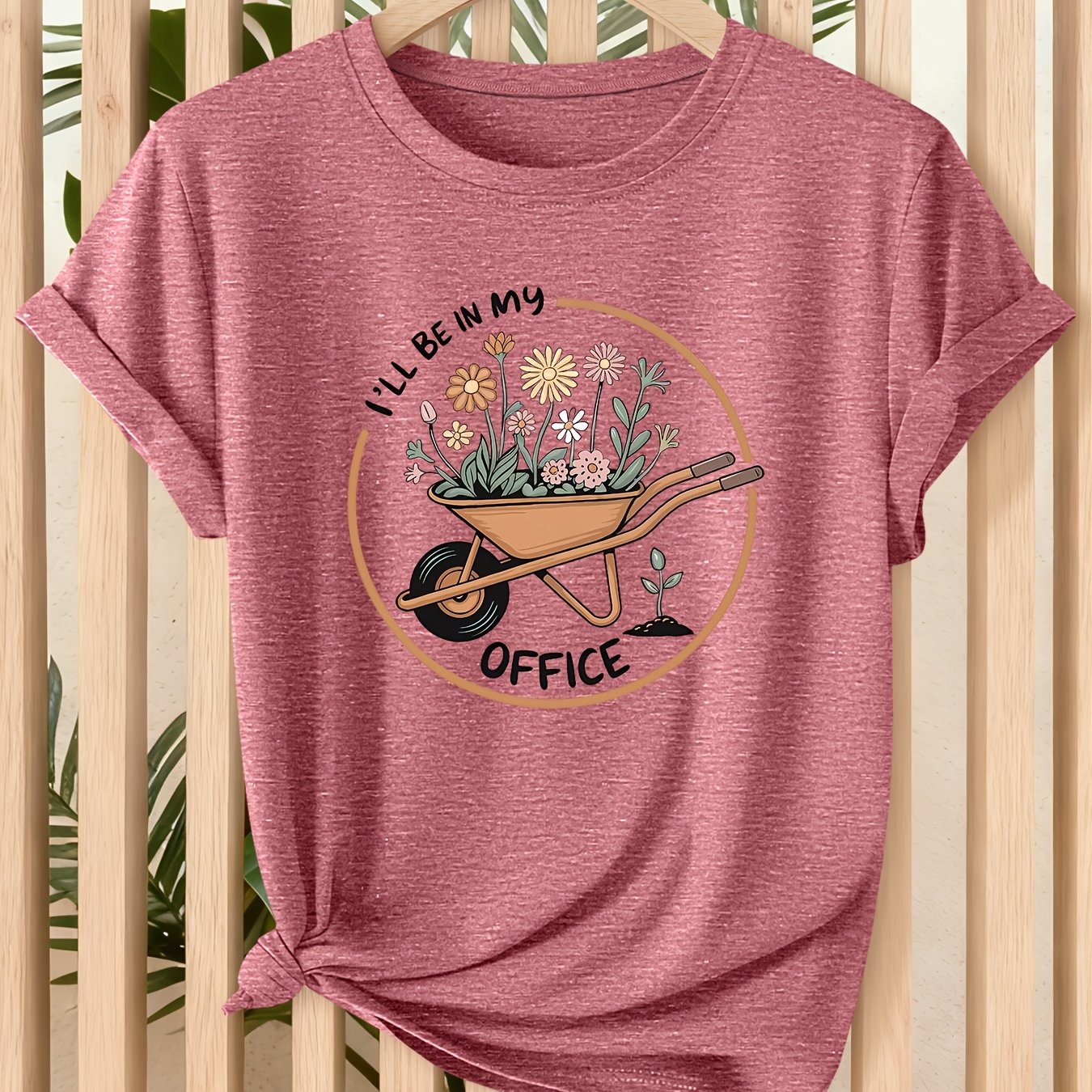 TEMU Gardening Cart Women's T-shirt | Vintage Cartoon Style ' ' Garden-themed Round Neck Short Sleeve | Casual Cute Top | 2026 Spring/ Style Clothing