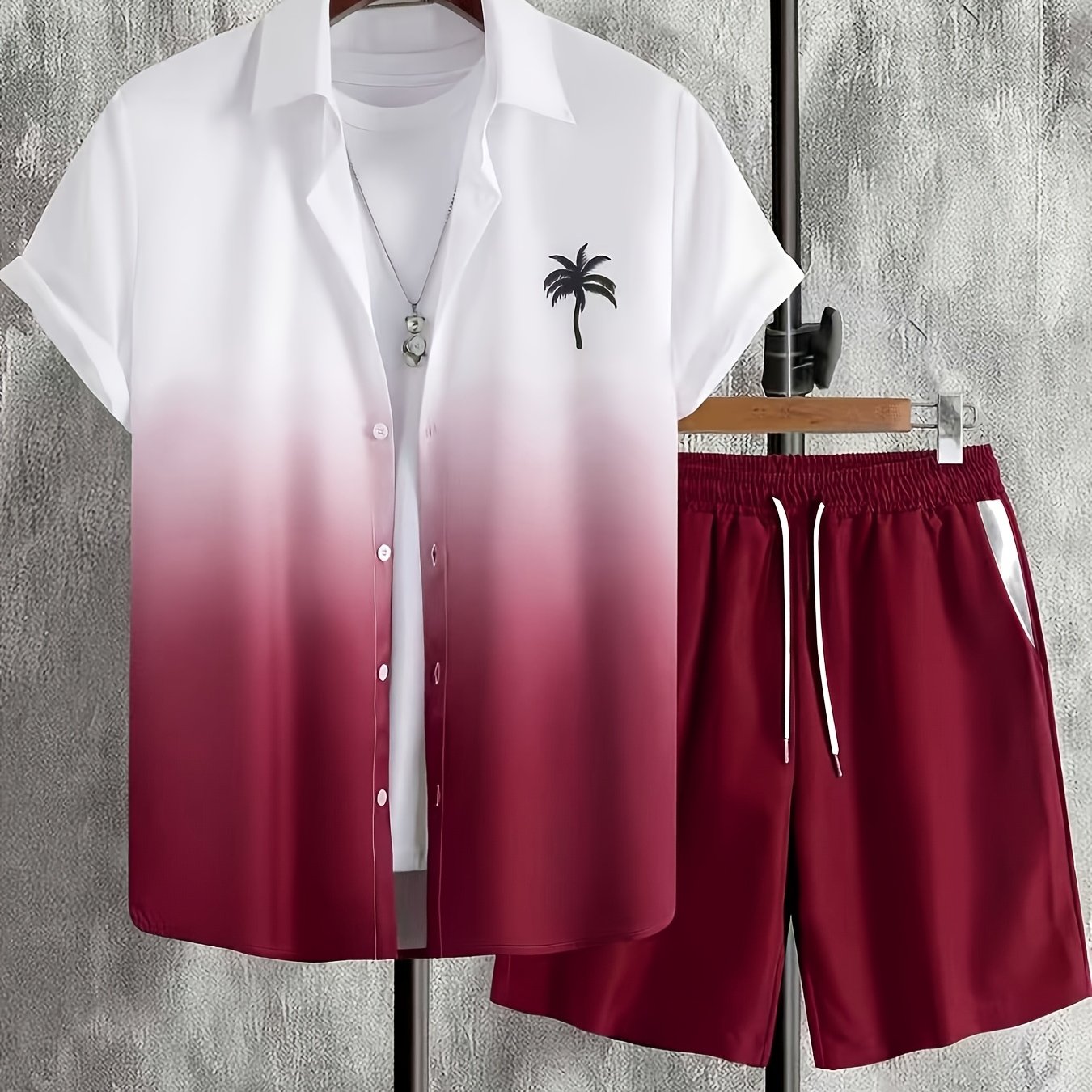 Men's Short-sleeve Shirt With Palm Tree Gradient Print And Elastic Waist Shorts Set