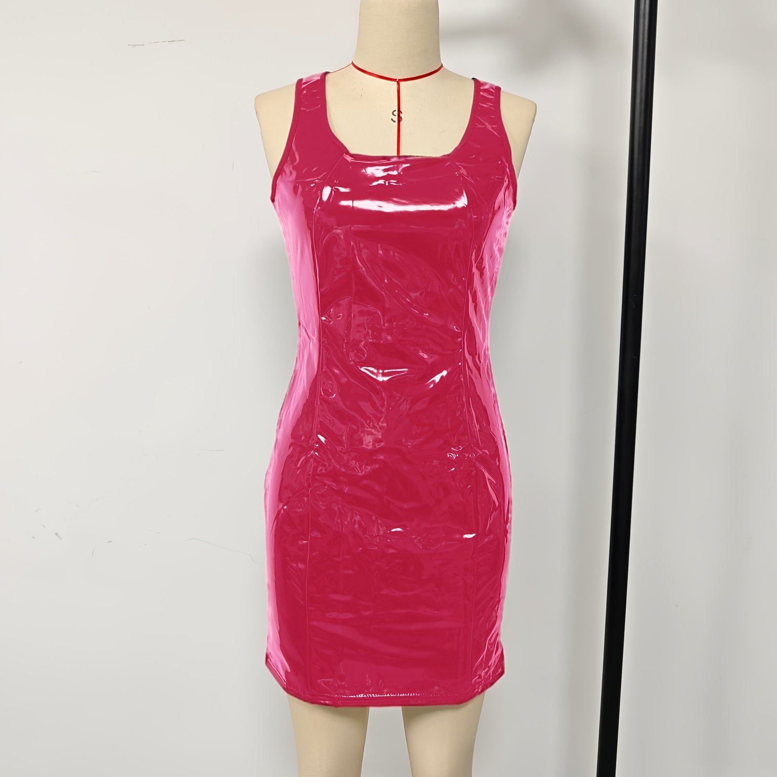 hot pink latex dress glossy patent sleeveless mini women stretch pvc NEED PICTURES