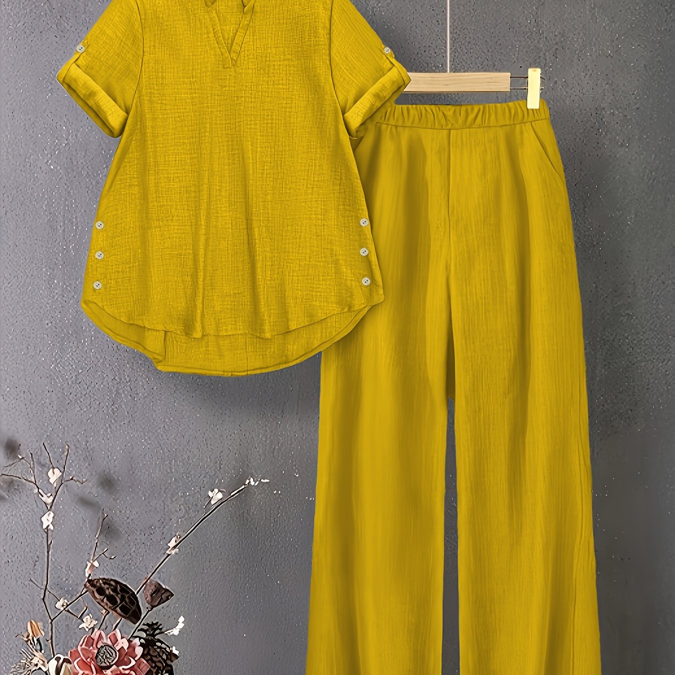 TEMU -neck Button-detail Short-sleeve Top With Elastic Waist And Side Slant Pockets Women's Set