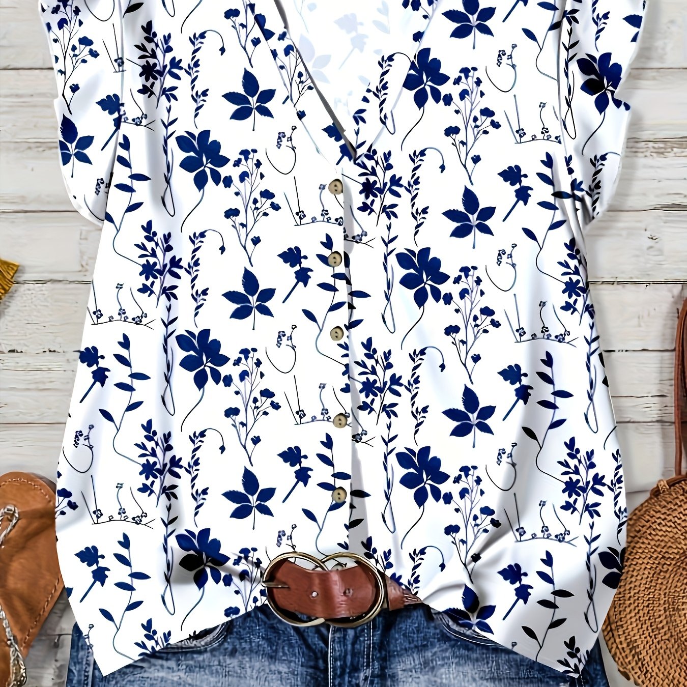 E-shop Damen Blaues Blumenmuster Casual Shirt, ein stylisches Sommerblusen für Ausflüge