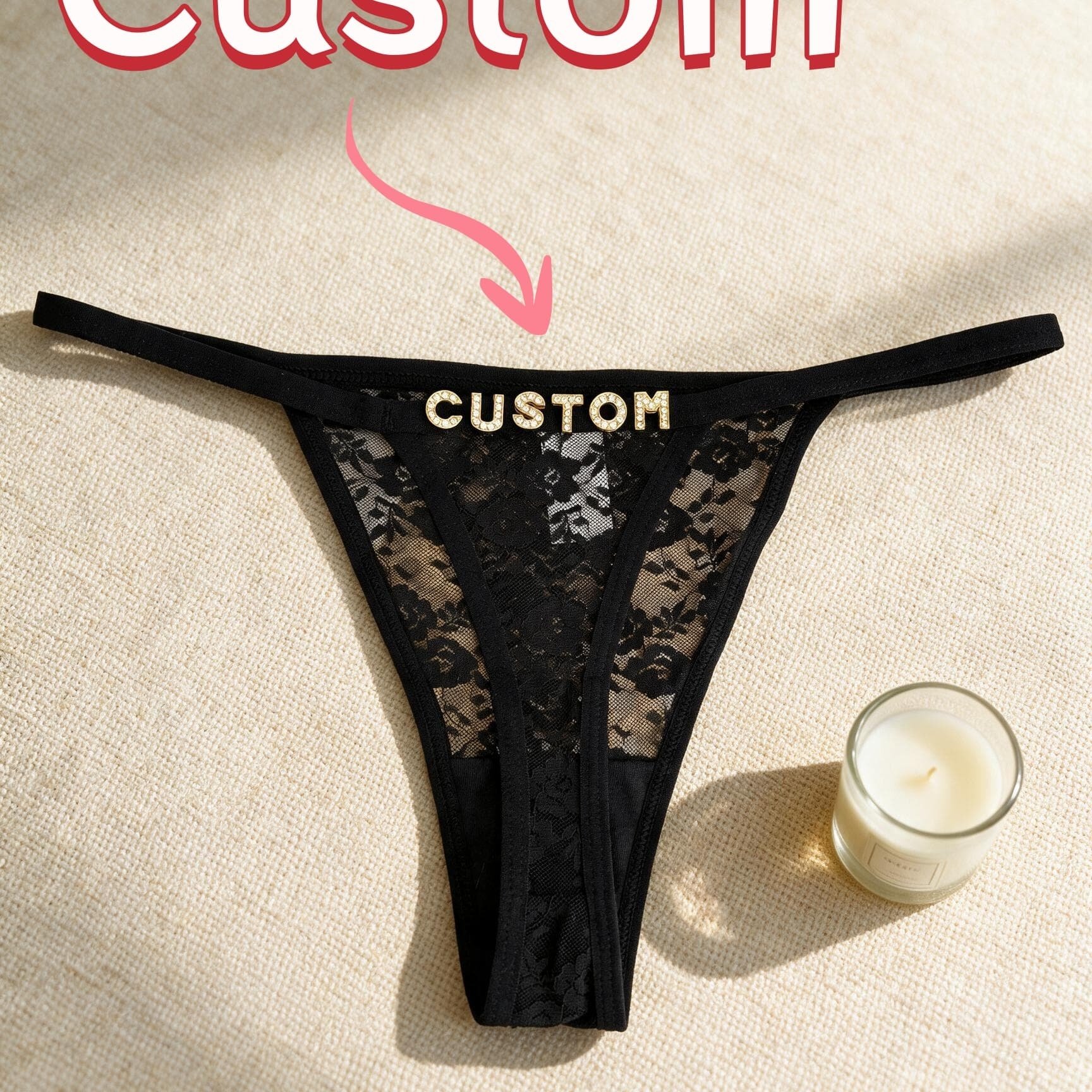TEMU Women's Personalized Crystal Name/number Thong Underwear - Low-rise Semi-sheer Lace Trim Bikini Panties Suitable For Bachelorette Party Gifts,