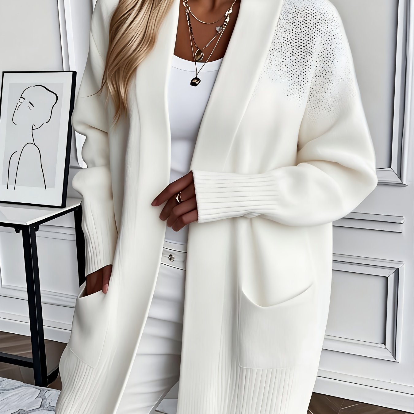 528 Women's Mid-length Open Front Pocket Sweater - Soft Solid Color, Essential For Autumn/winter, Casual Office Wear, Cute Texture