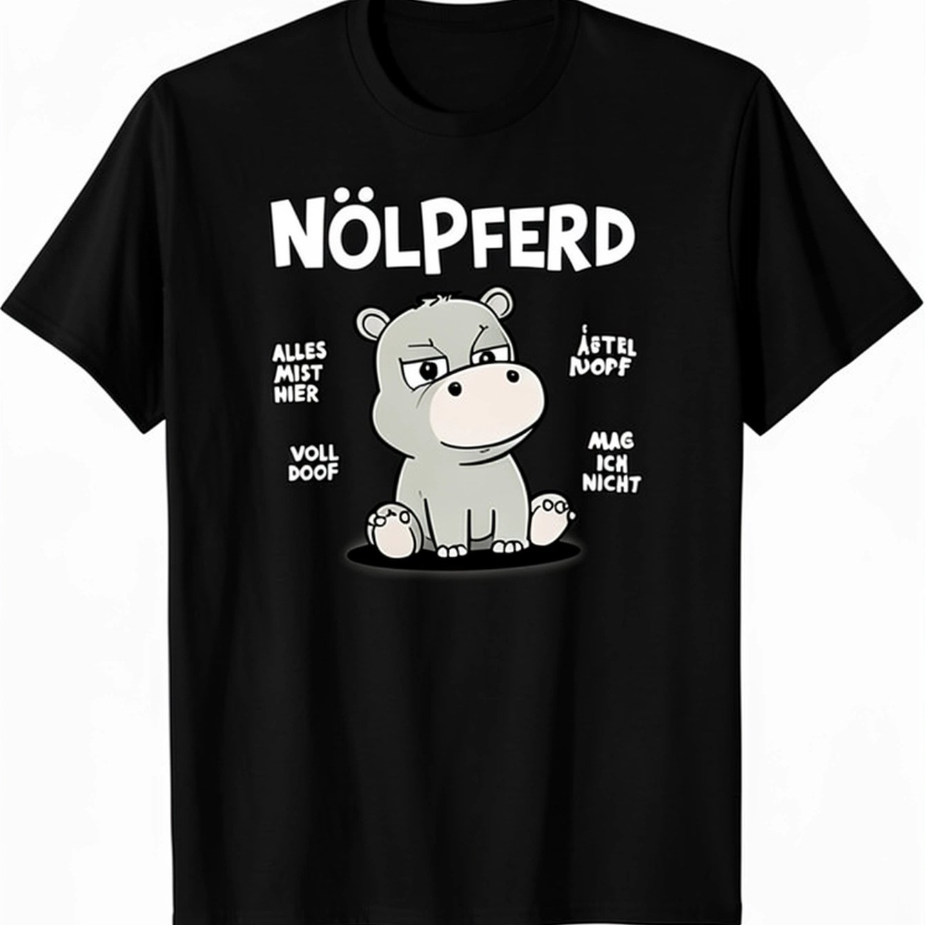 Image of Hippo Humor T-shirt Funny Cartoon Animal Design With German Phrases, Black Casual Tee For Men, Crew Neck, Medium Stretch Fabric, Regular Fit, Short Sleeve, Wear