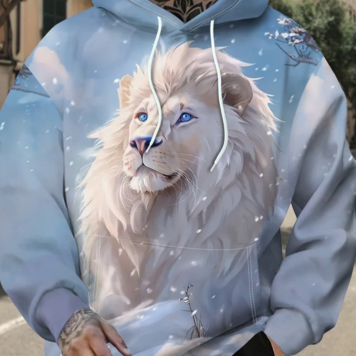 Image of Men's Hooded Sweatshirt Plus Size 0xl-6xl Fashionable Snow Lion Printed Hoodie Trendy Animal Pattern Loose Fit Pullover Winter Warm Casual Stylish Top | |, Plus Size