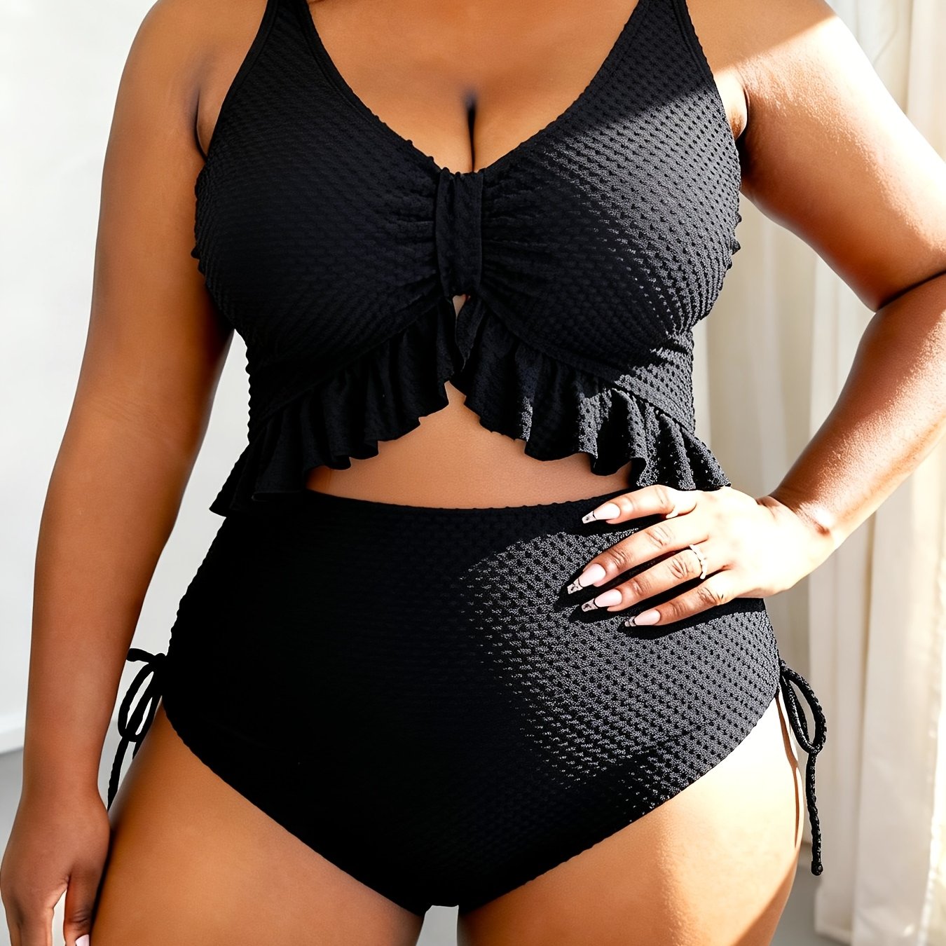 Image of Women's Summer Plus Size -piece Swimsuit With V-neck, Chest , Side Drawstrings, Special Fabric, Casual