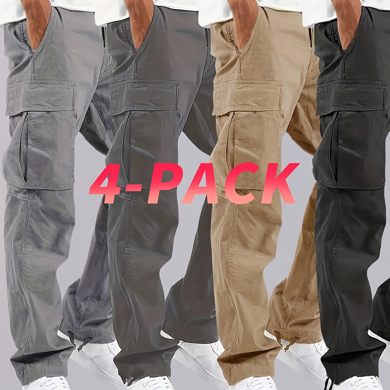 TEMU 4pcs Men's Loose-fit Cargo Pants With Elastic Drawstring Waistband & Multiple Pockets - Solid Color Work Pants For Outdoor Activities,