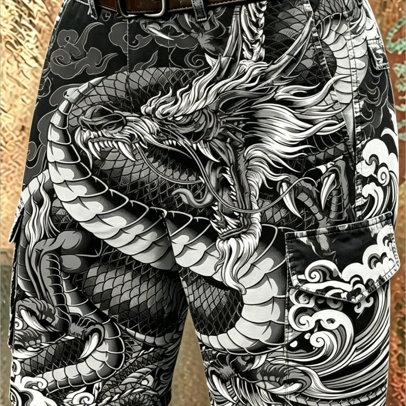 TEMU 1pc Men's Vintage Dragon & Cargo Shorts, New Chinese Tattoo Street Style Multi-pocket Breathable Work Shorts, Perfect For Urban Street Looks,