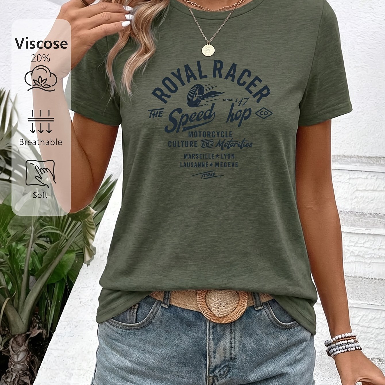 TEMU Women's Motorcycle T-shirt - Biker Short Sleeve Top With Vintage Motorbike Print, Fabric Suitable For - Casual Wear, Riding Apparel & Daily