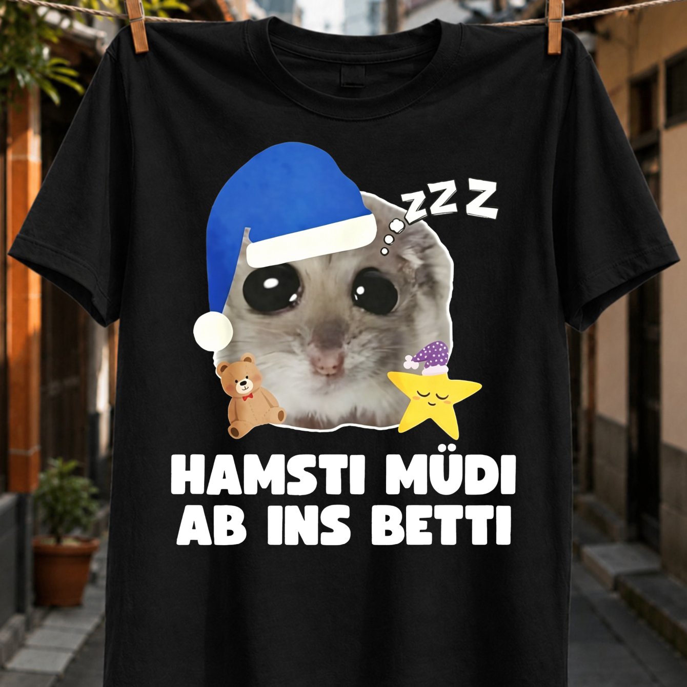 Image of Hamsti Ab Ins Betti Spy Hamster & Teddy T-shirt - Bedtime Cartoon Print, Round Neck Casual Tee Suitable For , Machine Washable For Hamster-themed Gifts And Casual Attire