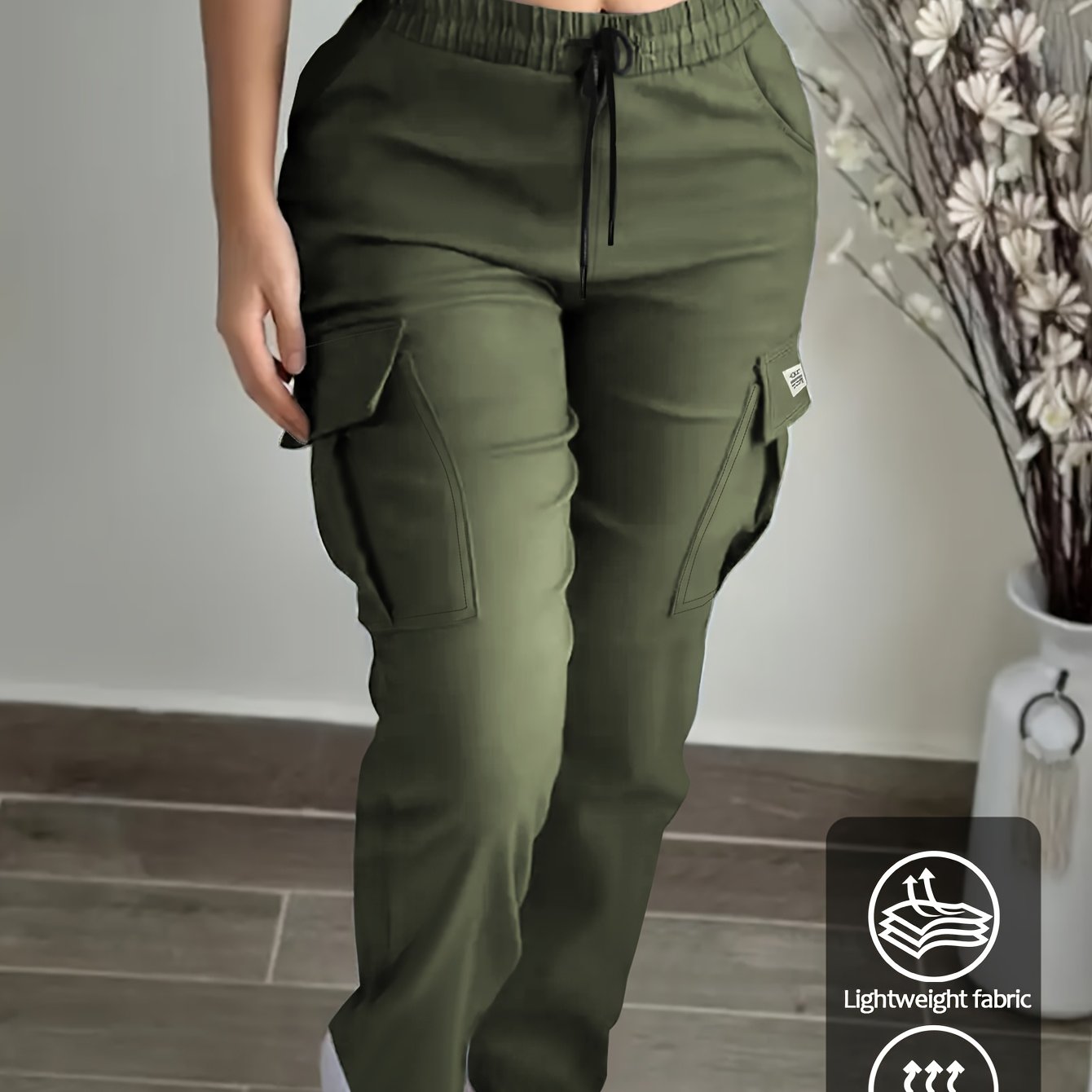 TEMU Women's Spring/autumn Cargo Pants With Stylish Patch Pockets, Drawstring Elastic Waist Casual Outdoor Trousers, Suitable For Outdoor Jogging And