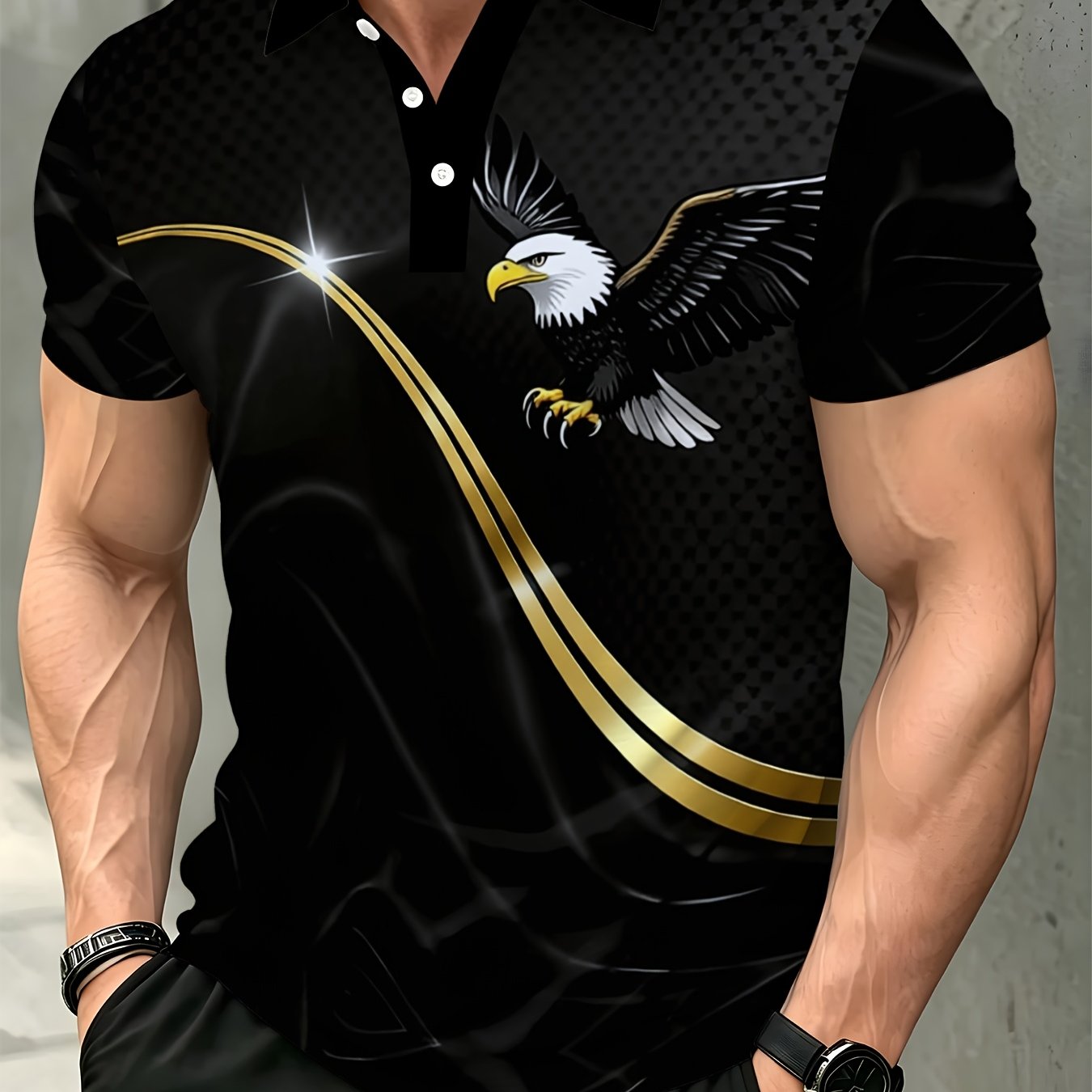 TEMU [printed Design â Not Textured] Men's Summer Streetwear â Eagle Print Lapel Short-sleeve Top, Breathable And Skin-friendly Casual Men's Appar