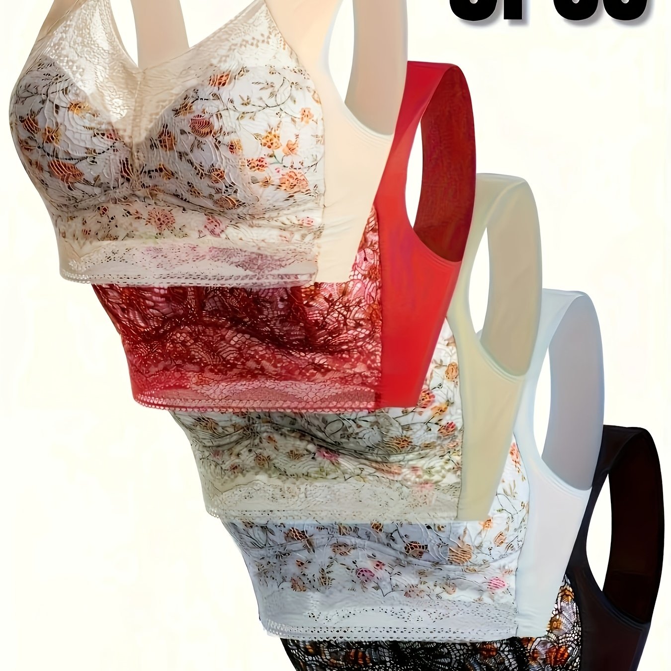 Image of 5pcs Elegant Ladies Lace Wireless Bra, Elegant Lace Comfortable Breathable Gathering Bra, Full Coverage Of Steel Ring- Push Cup Underwear, Machine Washable, Sexy L