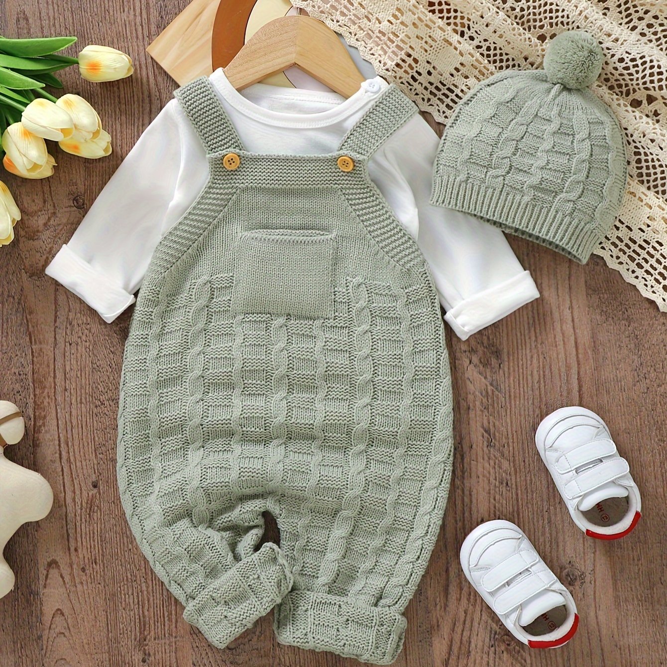 Image of Baby Knitted Suspender Jumpsuit Long-leg Climbing Suit Plus Hat Two-piece Set, Excluding Inner Wear, For Outdoor