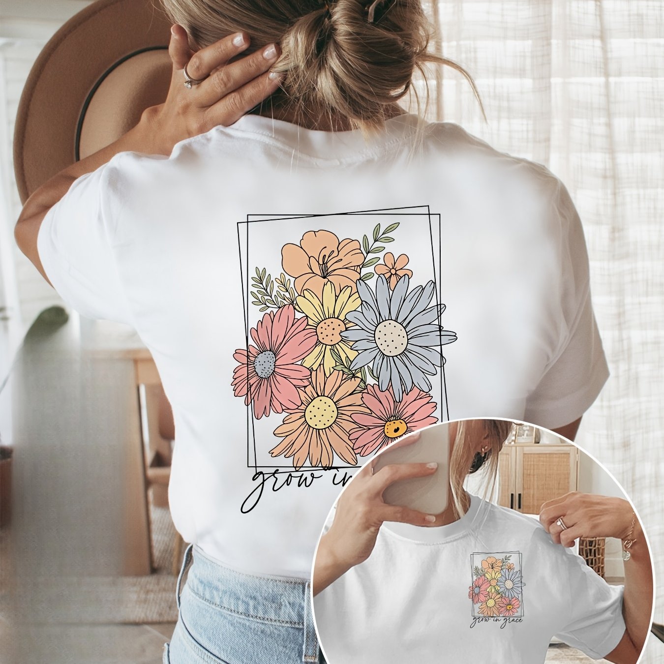 TEMU Pattern-printed T-shirt, Short-sleeve Crewneck Casual Top, For Summer And Spring, Women's Clothing, Women's Spring-summer Casual Y Elegant