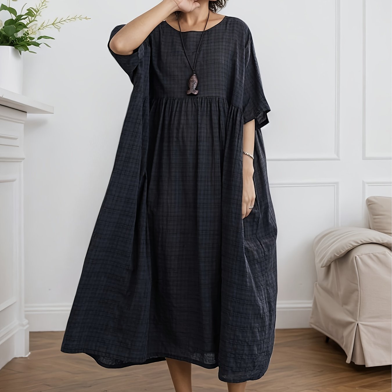 Image of Plus Size, 2026 Bohemian Casual Holiday Women's Dress, Plus Size Women's Dress, Mother's Elegant Style For Daily Wear, Summer Round Neck Loose Size Dress In Black, Gray, Dark Green