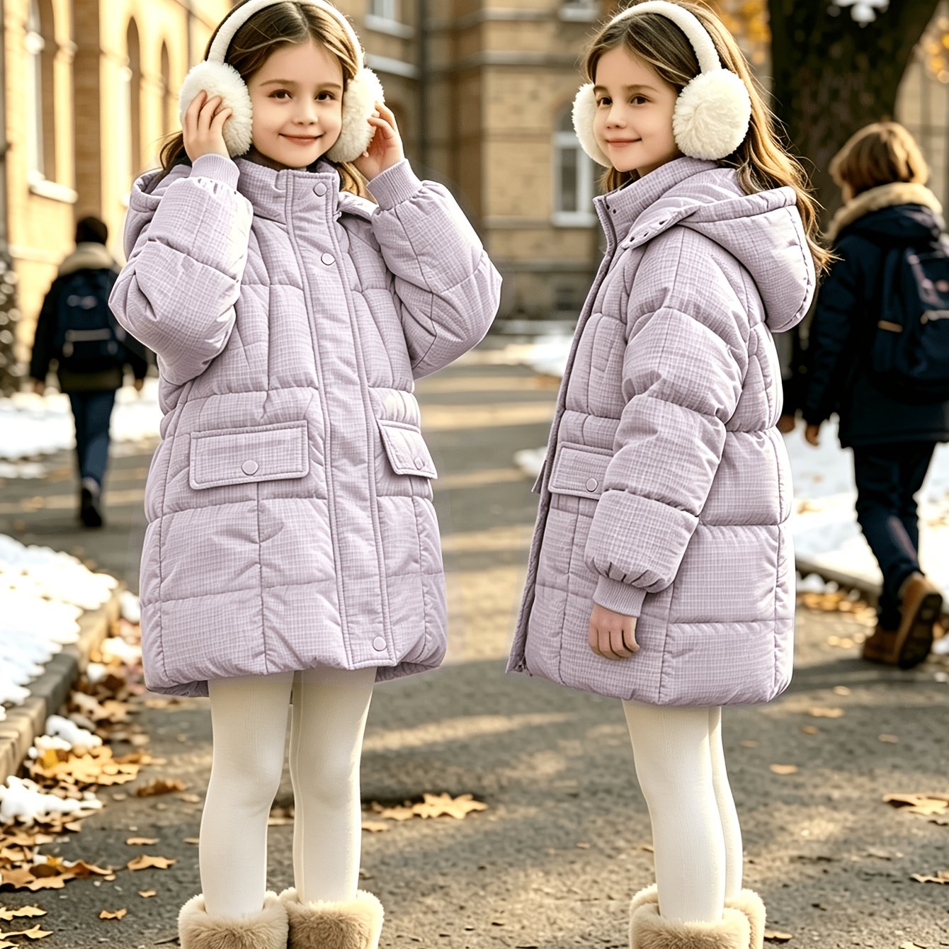 Image of Girls' Winter Hooded Mid-length Coat, Thickened Warm Casual Jacket, Suitable For Girls Aged 3-12, Purple Tone Fresh And Sweet, Double Flap Pockets Practical, Full And Solid Filling