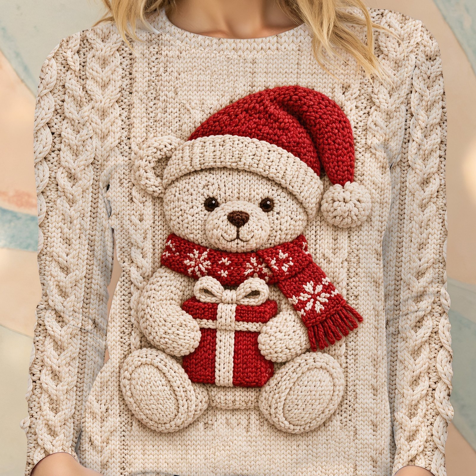 TEMU Christmas Bear Hugging Gift Creative Print T-shirt, 2d Flat Print Design - Non-textured, Women's Crew Neck Long Sleeve T-shirt. Suitable For