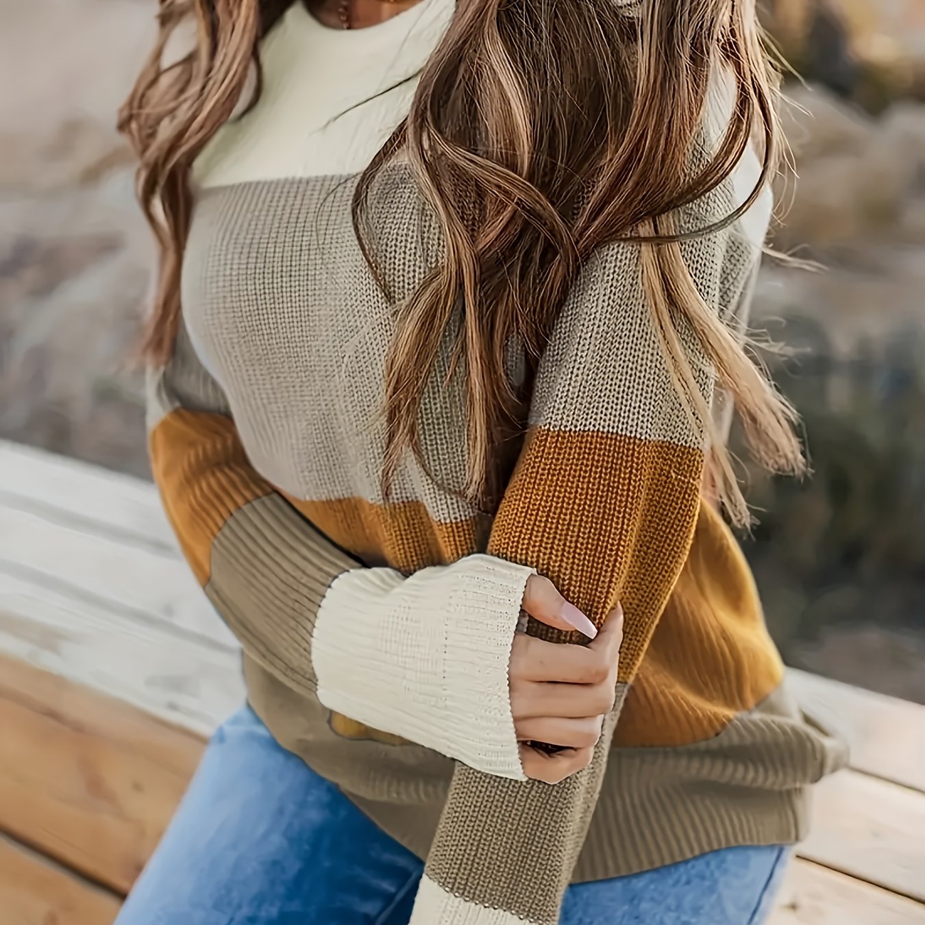 Image of Vika Directional Color Block Striped Round Neck Long-sleeved Pullover Sweater Women's Clothing