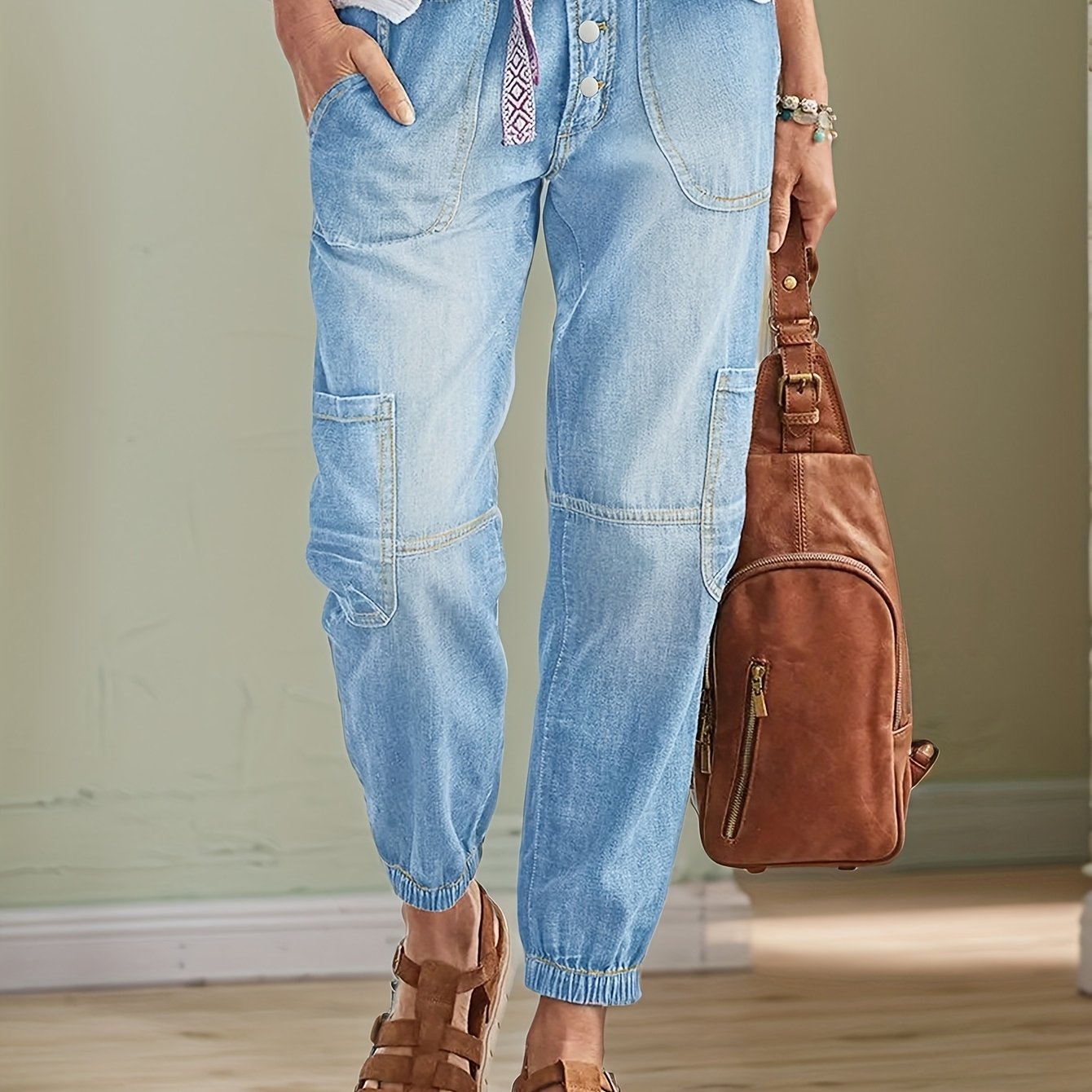 2444# Women's Tapered Cargo Comfortable Stretch Denim Ankle Jeans With Multi-pockets