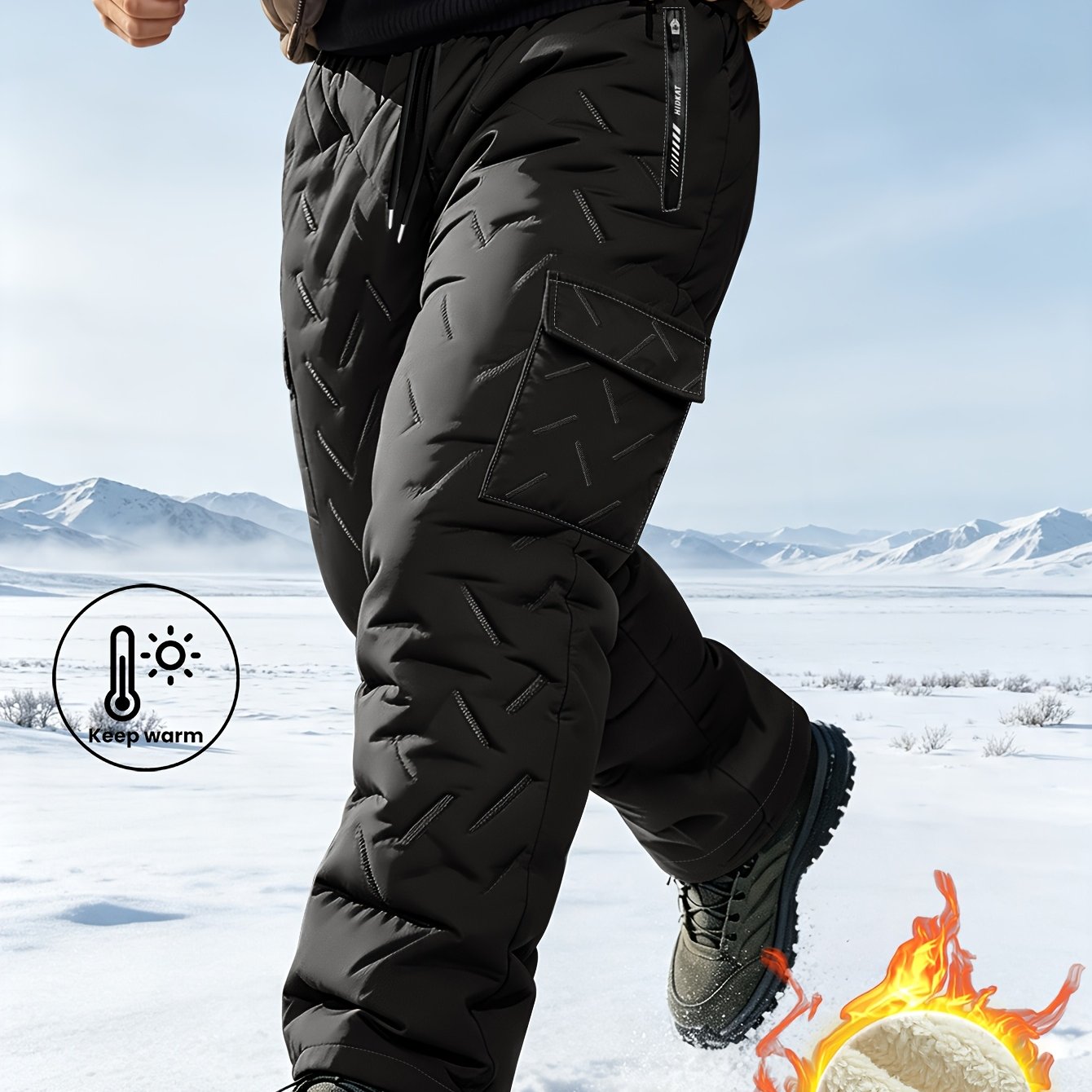 TEMU Pantalon long droit cargo en laine pour homme, collection automne-hiver, couleur unie polyvalente, doublé en épais, design facile à l'effet rayé