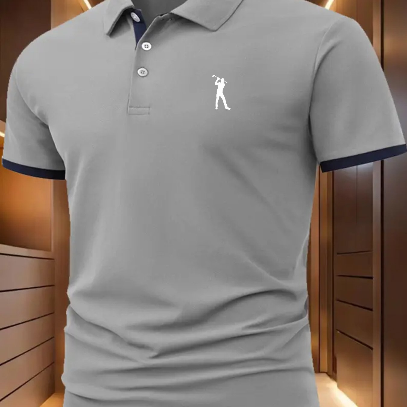 TEMU Men's Casual Golf Shirt - Blue With White Golf Logo, Short Sleeve, Ribbed Collar, Lightweight Fabric, Outdoor Sports And Casual Attire, Casual
